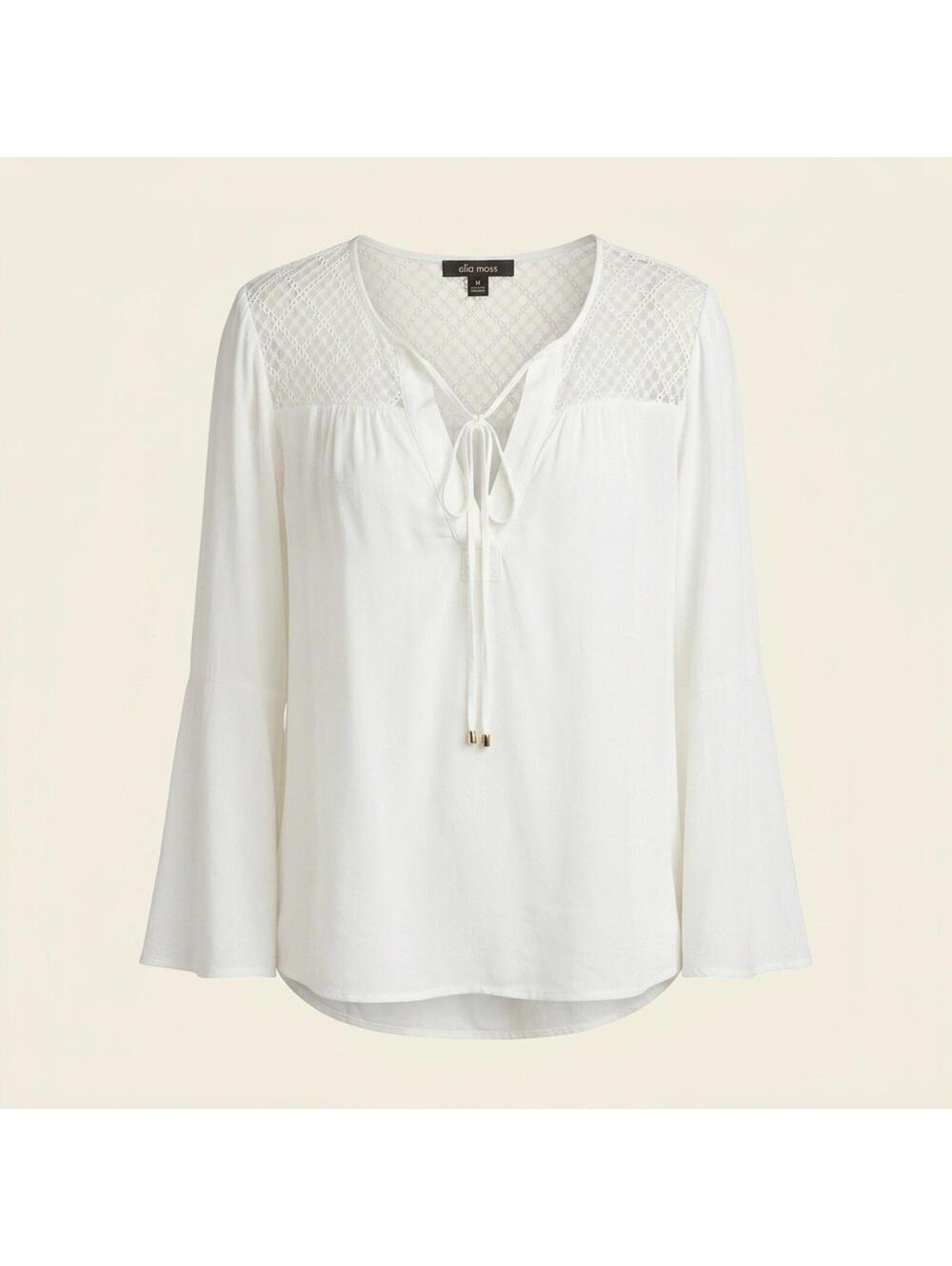 Ella Moss Womens M Ivory Lace Yoke Blouse Split V-Neck Tassel Boho Bell Sleeve